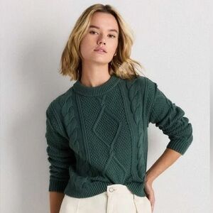 Quince 100% Organic Cotton Cropped Cable Crew Sweater XS Dark Spruce Green